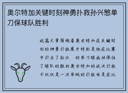 奥尔特加关键时刻神勇扑救孙兴慜单刀保球队胜利