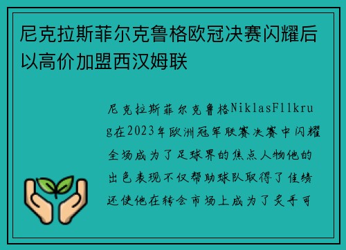 尼克拉斯菲尔克鲁格欧冠决赛闪耀后以高价加盟西汉姆联 尼克拉斯菲尔克鲁格欧冠决赛闪耀后以高价加盟西汉姆联